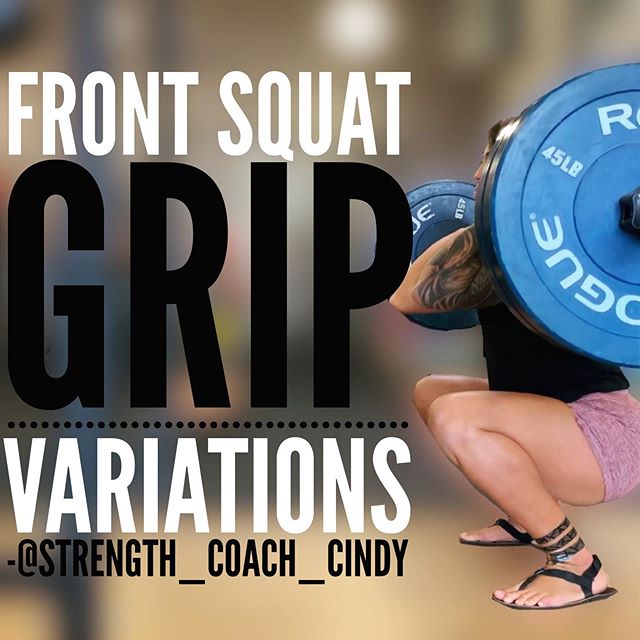 Here are few front squat grip variations. I dont always have clients front squat until certain prerequisites are met or just dependent on their goals. If the goal is something like olympic lifting then Im going to want them to achieve a full front rack position. If they dont have the the lat and/or thoracic mobility to hold the rack position then I might choose a variant while working on increase lat/thoracic range of motion until they can achieve a front rack position. . . Conventional Front Rack- Your ideal position for front squats. . Cross-Over Front Rack . Lifting Straps Front Rack . Safety Bar Squat- For my style of training, I only use these if a client is recovering from wrist or shoulder injury and cant support any weight on their shoulders or wrist with a regular barbell. Its a great way to get quad work in that mimics closely to the front squat and yet more supportive. . .