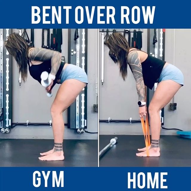 Look, everyone is posting their random workout of the day which i bet is entirely overwhelming for you because you want to learn to actually train? (Home workout program almost complete, link in bio) I know, I totally get it. You can go break a sweat using broom sticks, toilet paper rolls, lifting luggages, juggling your soup cans etc, you gonna get tired of that. Looks good for IG though. But for the ones who want purpose and want to do that by building or maintaining strength....well lets take a look at home exercises at a different angle and see how they can mimic exercises at the gym when we dont have access (majority of us atm). Why dont we actually learn about how home workout/exercises can be effective when we dont have gym access? .
.
For example, the  bent over barbell row is an excellent exercise to build up your back muscles. Look at the gym version and how we can closely mimic that with the band version when we dont have access to weights. We can make this exercise more difficult in load by shortening the band or by wrapping it around our foot and balling it up underneath our feet. That too easy? Move up to a different band. I always highly recommend clients to have a band set up at home and for travel because its ‘easier’ to increase the difficulty.  Also, just doesnt take up space. Other weights are bonuses as you can combine a weight with the band. Questions about home workouts and how we can trade common strength and muscle building exercises from home to the gym? Holla!
.
.