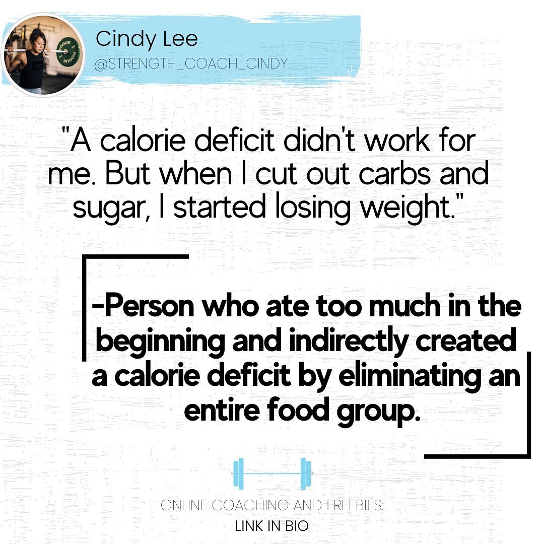 You didn’t necessarily lose weight because you avoided an entire food group. You lost it because you created a calorie deficit. Principles stay. Systems forever change depending on who is selling what to you. Again, the  principle will never change. I say this ALL the time.

Look, food awareness is something I go over with my clients. If you dont learn it, then you will forever be jumping from diet to diet. I like for clients to make to develop autonomy and learn basic nutrition that correlates with their lifestyle. Obviously a managed lifestyle that can still give you a little food freedom while getting to your goal. 

——————————————-
 Follow:  IG @strength_coach_Cindy
️ Download Free Macro Calculator for Lifters : Link in Bio
 Apply for 1-on-1 Online Coaching: Link in Bio
——————————————-