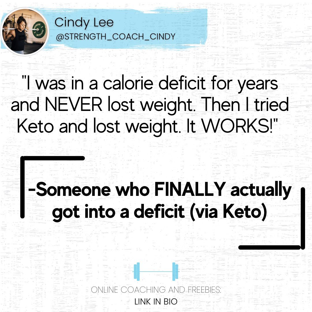 ….cuz they avoided an ENTIRE macro group (carbohydrates) to create the deficit. You dont need to avoid a entire macro group to create the deficit. Second, they were never in deficit CONSISTENTLY like they thought they were. So when it got hard they searched via the internet or friends for another solution…which was another diet. 

Avid keto-ers are so glued to the idea of it…which is fine….but tell me why on special occasions you go for the pizza, ice cream, burgers (with the bread), cake and etc. But hey, more power to you if you actually love it and dont care about things like that.

PS. 

Stop searching for “quick solutions” and easier ways. Either you stick with the lifestyle you have thats causing you to be the same or change it. Be more accountable and realistic. Or maybe its just not the time to change your eating habits and instead focus on enjoying your workouts and how good it makes you feel. 


.
——————————————-
 Follow:  IG @strength_coach_Cindy
️ Download Free Macro Calculator for Lifters : Link in Bio
 Apply for 1-on-1 Online Coaching: Link in Bio
——————————————-
.
