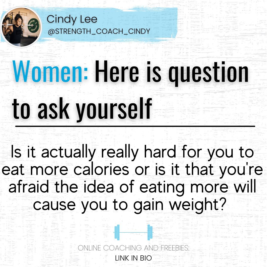 (MOST LIKELY THE LATTER)

The context of this message is for women who have a low body fat percentage and need to be in a surplus of calories in order to build muscle and increase their strength gains in the gym. 

The other is for those who have lost a bunch of weight and keep trying to keep themself in a forever deficit.

So ask yourself: 

Is it really that difficult to get in calories? If so, you can choose more calorie dense foods. Such as adding in oils, dressings, fruit drinks, ice cream, etc.

OR

Are you actually afraid that  eating more will make you gain weight. If you aren’t comfortable with being in a surplus or even a maintenance of calories….. eventually you will plateau and will see diminishing returns after awhile here. Not only that, but possible injuries from lack of nourishment from the body underperforming while trying to over perform in the weight room. So whats going to be more important to you? 

——————————————-
 Follow:  IG @strength_coach_Cindy
️ Download Free Macro Calculator for Lifters : Link in Bio
 Apply for 1-on-1 Online Coaching: Link in Bio
——————————————-